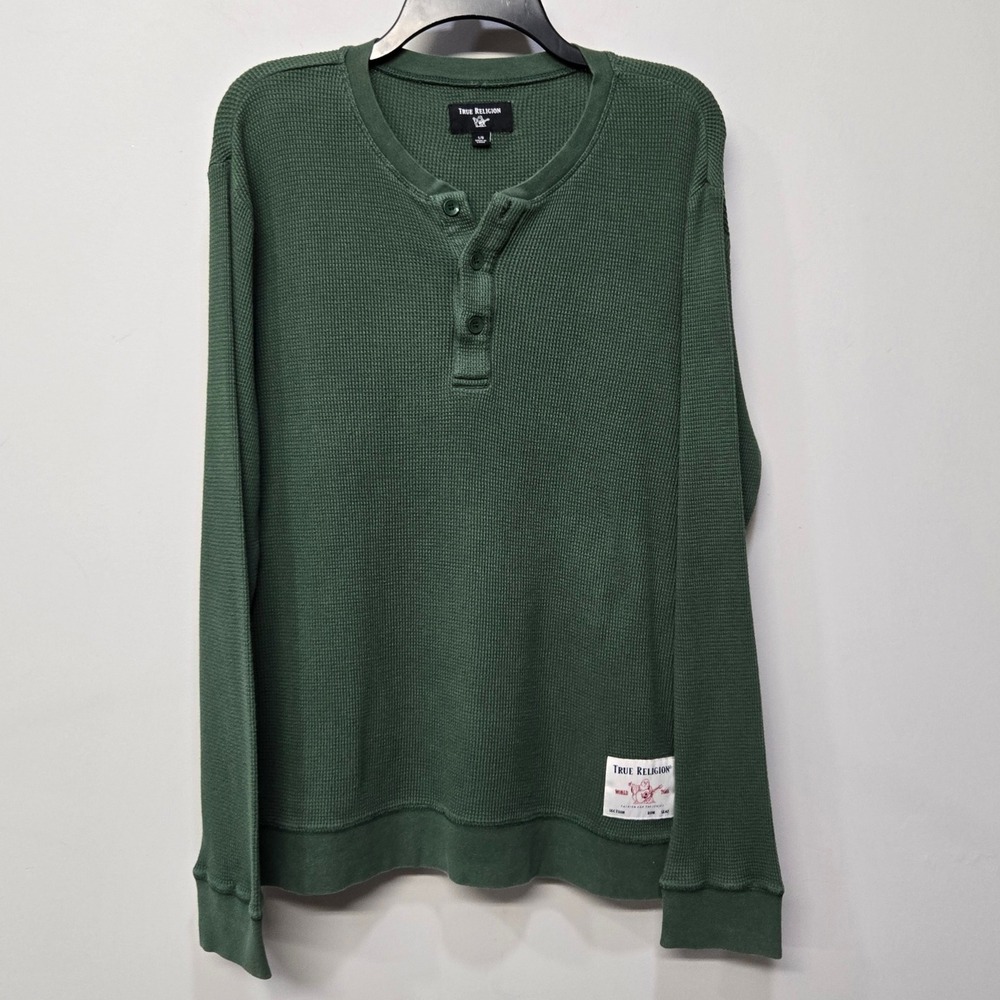 True Religion Thermal Henley Shirt Men Large Green Waffle Knit Streetwear Grunge